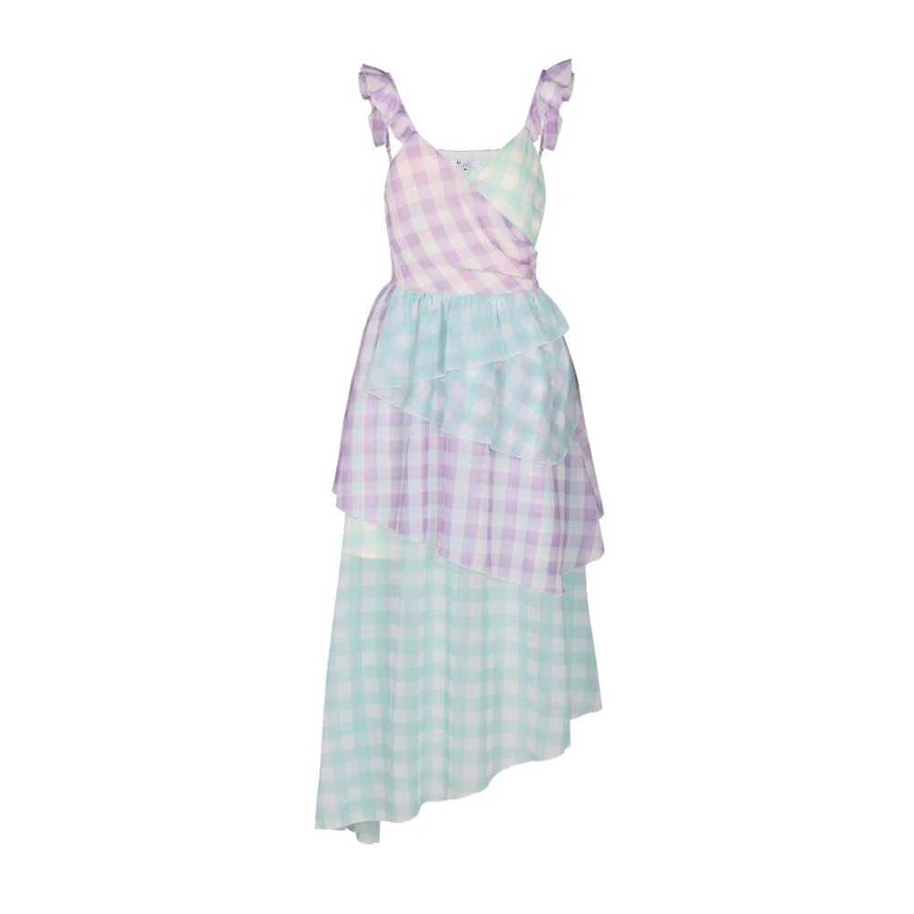 Bellevue The Label  Gingham Chiffon Midi Wrap Dress Lavender/Mint/White